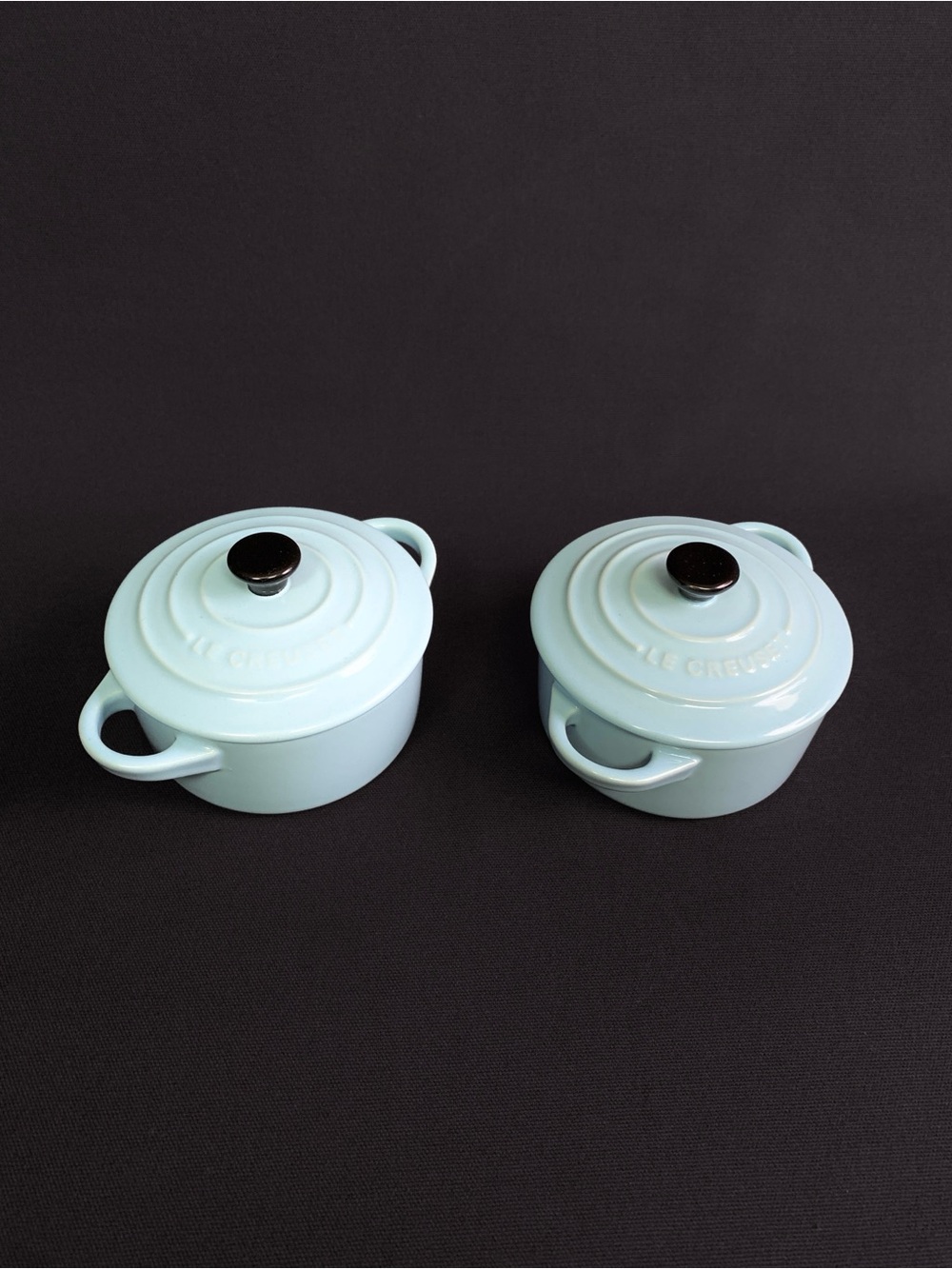 LE CREUSET Set of 2 Glazed Stoneware 8 oz Mini Round Cocotte NWT Sky Blue